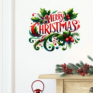 Detail of Merry Christmas wall sticker with holly leaves and red berries on a white wall