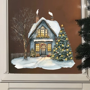 Detail of Christmas static window stickers showing a blue snow cabin and festive trees