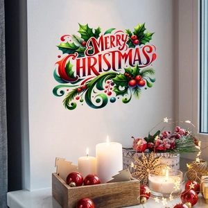 Merry Christmas self-adhesive wall sticker with holly leaves on white living room wall