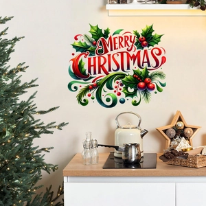 Self-adhesive Merry Christmas wall sticker with holly leaves in a cozy kitchen setting