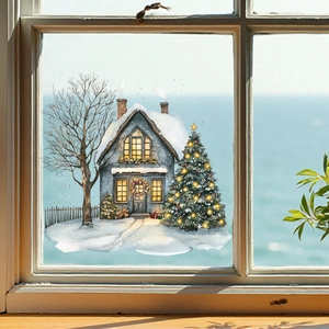 Detail of Christmas static window sticker with cozy snow cabin and decorated tree on glass