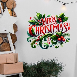 Macro shot of Merry Christmas wall sticker with holly and berry festive decorations