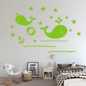 Glow-in-the-dark luminous whale and stars wall decals set for kid's room decoration