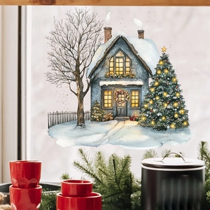 Christmas tree and snowy house window stickers for festive glass surface decoration