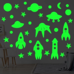 Luminous Space Wall Stickers Glow In The Dark Rocket UFO Star Moon Decal For Kids Room Nursery Home Decor Self Adhesive
