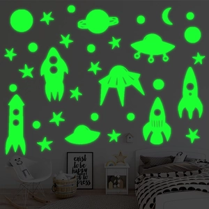 Glow in the dark galaxy wall stickers with rockets, UFOs and stars for kids room decor