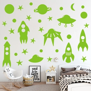 Luminous space wall stickers with glowing rockets and stars for kids room decor