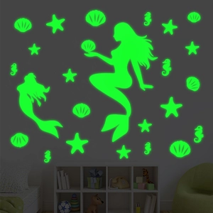Luminous mermaid shell and starfish wall stickers for children room glow in the dark decor