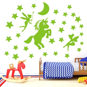 Stickers muraux licorne et fée luminescents avec lune et étoiles pour chambre d'enfant