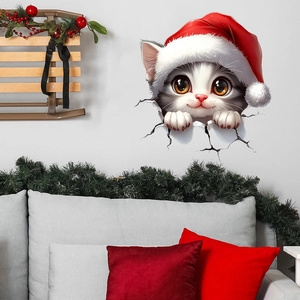 3D Christmas cat wall sticker featuring a cartoon cat with Santa hat breaking through a wall