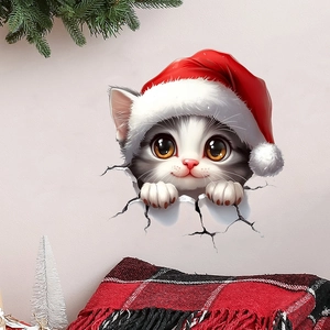 3D Christmas cat wall sticker with grey kitten wearing a Santa hat breaking through a wall