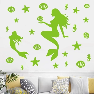 Luminous green mermaid and starfish wall stickers set for ocean theme home decor