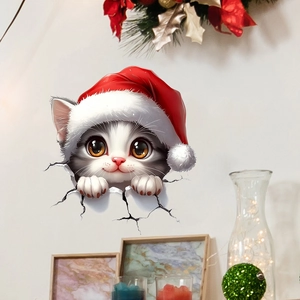 3D wall sticker featuring a cute grey kitten with a Christmas hat breaking through the wall