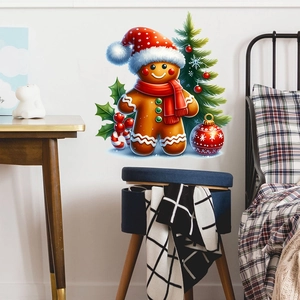 Detail of Christmas wall stickers featuring cute gingerbread man and festive holiday tree decor