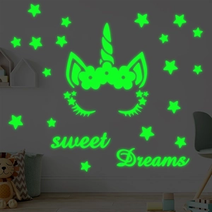 Glow In The Dark Unicorn Stars Wall Stickers For Kids Room Fluorescent Green Self Adhesive PVC Decal Sweet Dreams Wall Decor