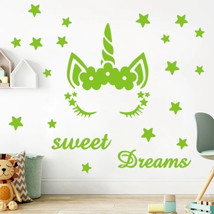 Luminous unicorn and stars wall decal with Sweet Dreams text for kids room decor