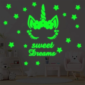 Luminous unicorn and stars wall decals with Sweet Dreams quote for kids bedroom decor