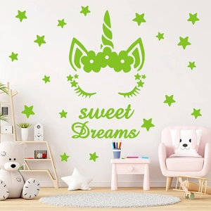 Luminous unicorn and stars wall stickers with Sweet Dreams text for kids room decor