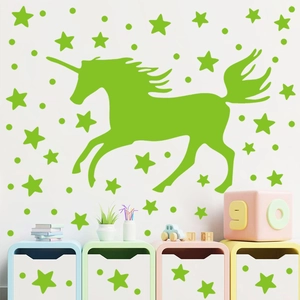 Luminous unicorn wall decals set with glowing stars and dots for kids' room wall decor