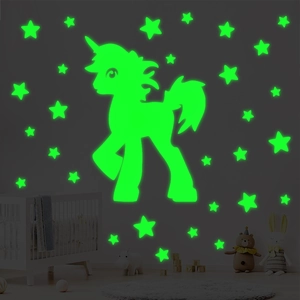 Luminous unicorn and stars wall stickers with green glow effect for kids room decor