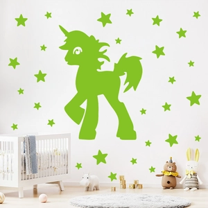 Luminous unicorn and stars wall sticker set for kids room decor in fluorescent green