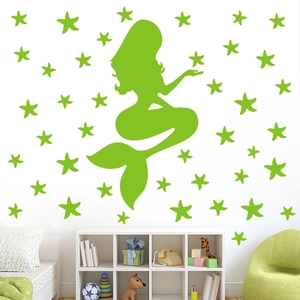 Leuchtende grüne Meerjungfrau und Sterne Wandtattoo für Kinderzimmer Wanddekoration
