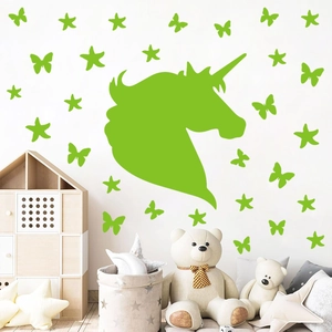 Stickers muraux licorne et étoiles fluorescents pour décoration de chambre d'enfant verte
