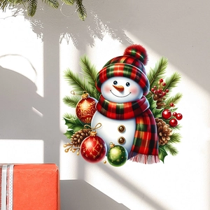 Detailed Christmas snowman wall sticker with festive pine cones and red berries on a wall