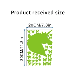 Stickers muraux licorne et étoiles lumineuses avec dimensions du produit de 20x30cm