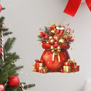 Detail showing a festive red Christmas gift bag wall sticker with gold baubles and pine cones