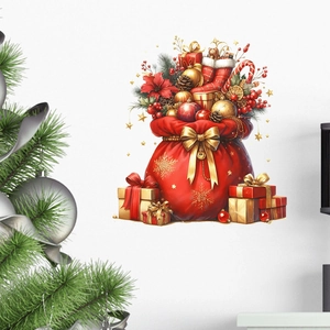 Detail of Christmas gift bag wall sticker with red flowers and festive gift boxes