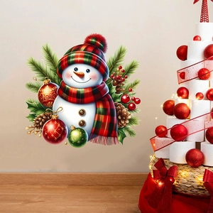 3D Christmas snowman wall decal with pine branches and ornaments for festive home decor