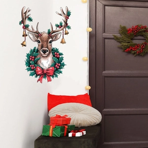 Christmas wall decal featuring painted reindeer with holly and bells for home decor
