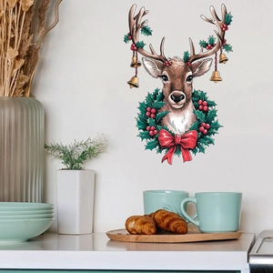 Christmas reindeer wall sticker with holly wreath and bell for home holiday decoration