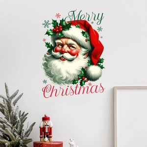 Sticker mural Père Noël Merry Christmas avec houx et flocons pour déco intérieure