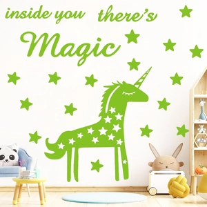 Sticker mural licorne verte lumineuse avec étoiles pour décoration chambre enfant