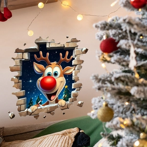 Sticker mural 3D de Noël avec un renne mignon sortant d'un trou dans un mur de briques