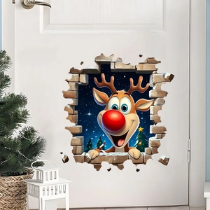 Sticker Mural 3D Mur Brisé Renne de Noël Imperméable PVC Dessin Animé Cerf Décalcomanie Pour Salon Chambre Décor