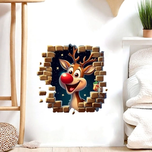 3D Broken Wall Christmas Reindeer Wall Sticker PVC Self-Adhesive Waterproof Decal For Living Room Bedroom Home Decoration