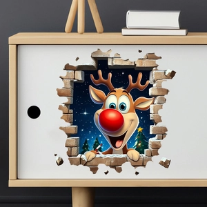 Sticker mural 3D de renne de Noël montrant un cerf traversant un mur de briques