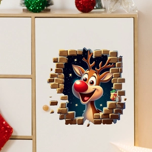 3D Christmas wall sticker featuring a reindeer breaking through a realistic red brick wall