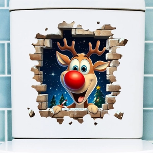 Sticker mural 3D de Noël avec renne à travers un mur fissuré pour déco intérieure