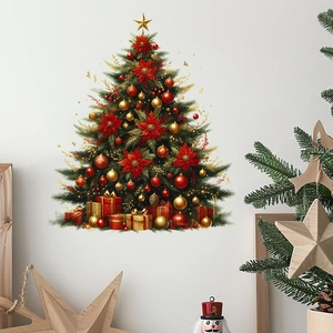 Decorative Christmas tree wall sticker with red poinsettias and gift boxes for home decor