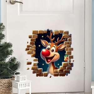 3D Christmas wall sticker featuring a cartoon reindeer breaking through a white brick wall