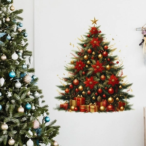 Detail of Christmas tree wall sticker with gold stars and red gift boxes on white wall