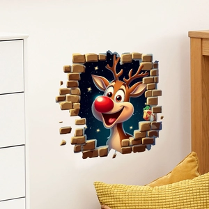 3D Christmas wall sticker with cartoon reindeer breaking through a brick wall decor