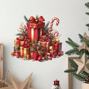 Christmas gift box wall stickers with red ribbons and pine branches for home decor