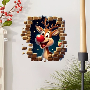 3D Christmas reindeer wall sticker with brick break effect for holiday home decor