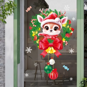 Sticker de fenêtre Noël avec renne couronne verte et flocons de neige festifs décor