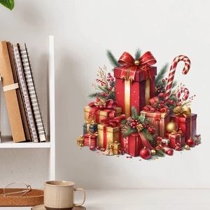 Detailed Christmas wall decals featuring red gift boxes and candy canes on a white wall